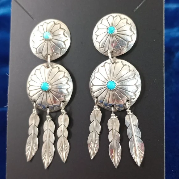 Sterling Silver and Turquoise / Feathers Dangle Earrings Native American - Picture 12 of 12